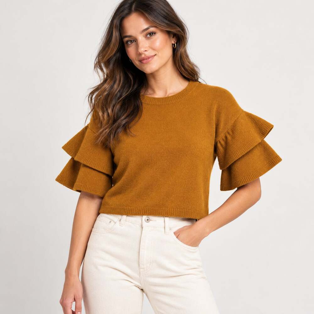 Madewell Womens M Mustard Gold Tiered Ruffle Sleeve Sweater Knit Boho